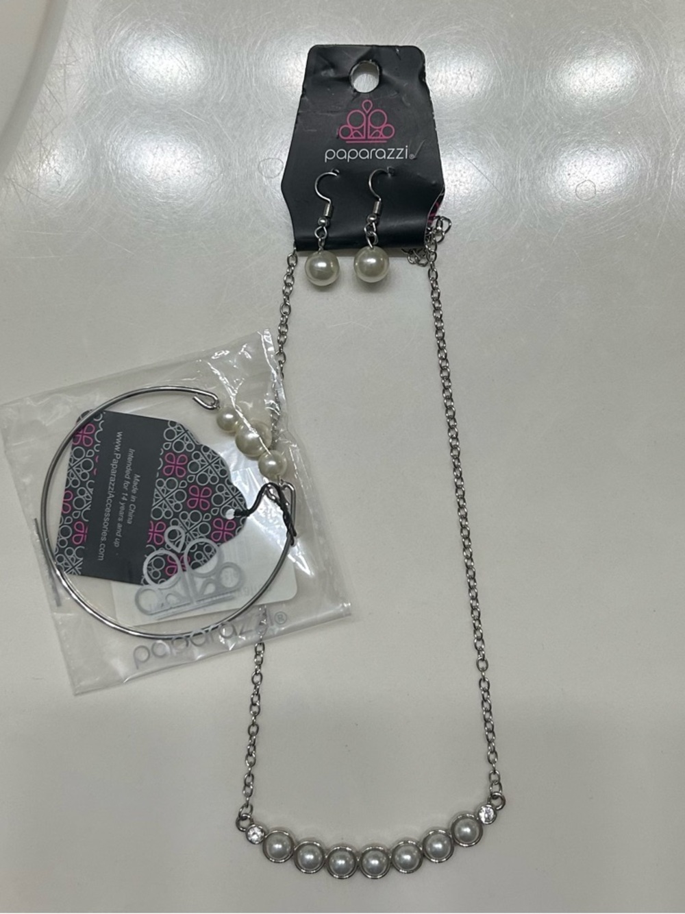 paparazzi Silver Pearl Accent Necklace, bracelet and Earring Set